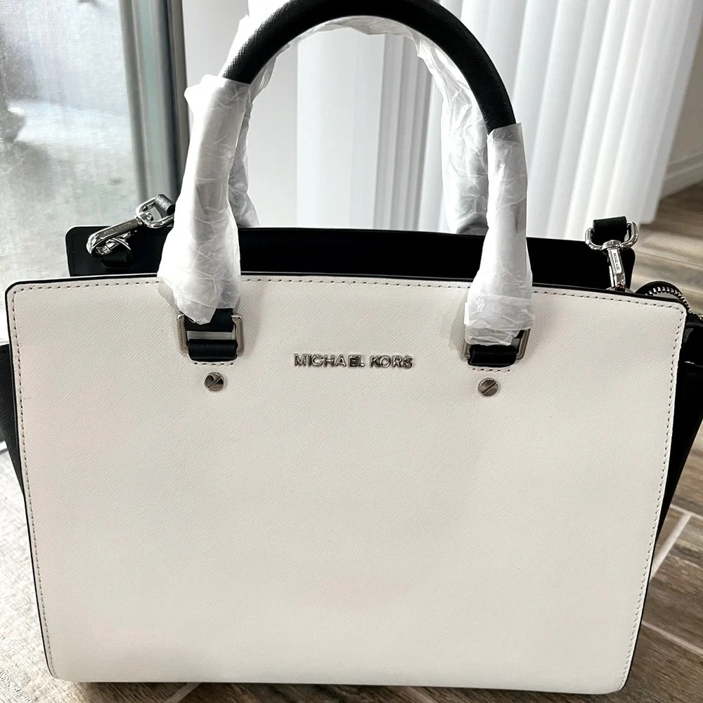 Michael Kors Selma Optic White/Black Large Satchel-NWT - Picture 1 of 4
